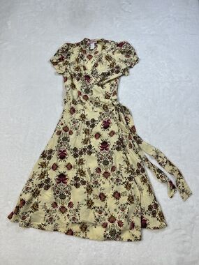 Heart of Haute‎ Yellow Floral Wrap Dress Short Sleeve V-Neck Retro Midi Medium